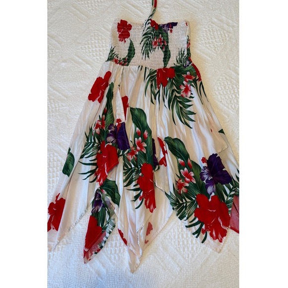 Aloha Fashion Hawaiian Smocked Halter Pixie Dress One Size White Red Floral - Picture 13 of 13